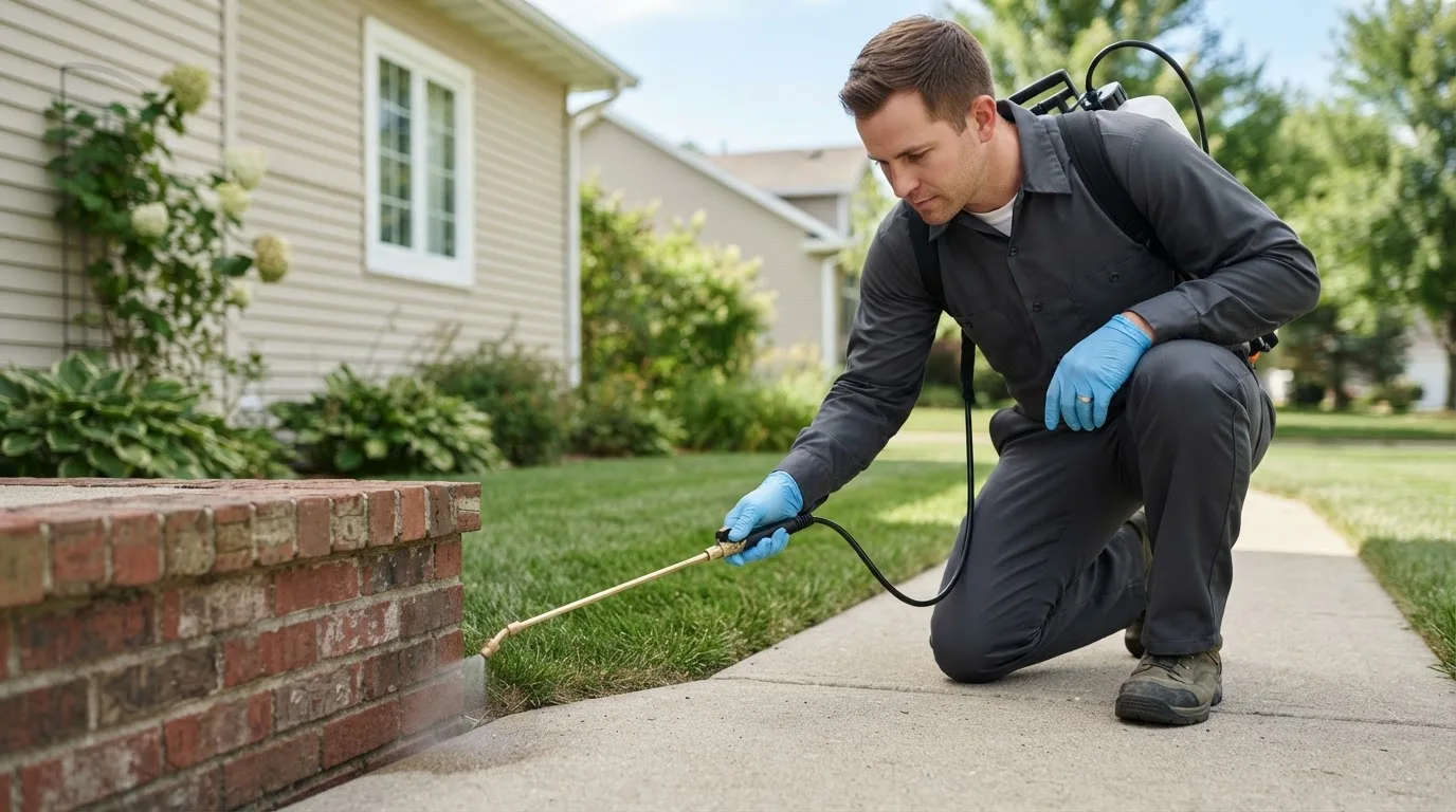 Pest control technician treating a home near Hye, TX