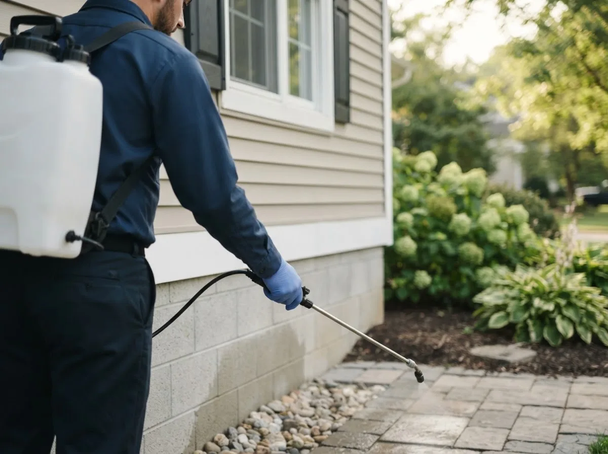 Pest control technician inspecting a home in Hye, TX